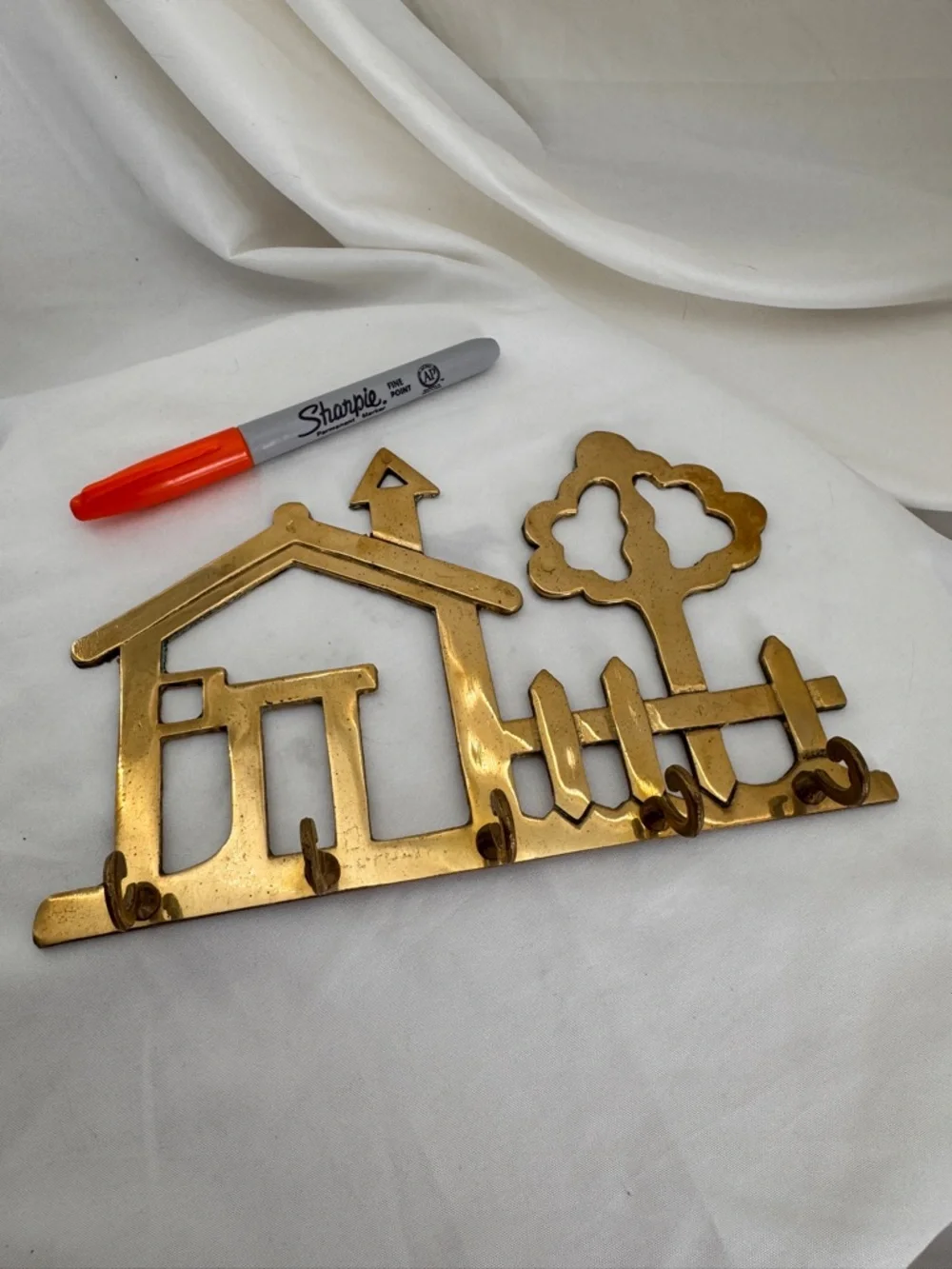 Vintage Brass Cottagecore House & Tree Wall Hook Entryway Decor Key Holder MCM